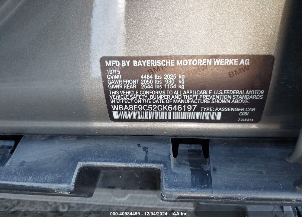 2016 BMW 328I VIN: WBA8E9C52GK646197