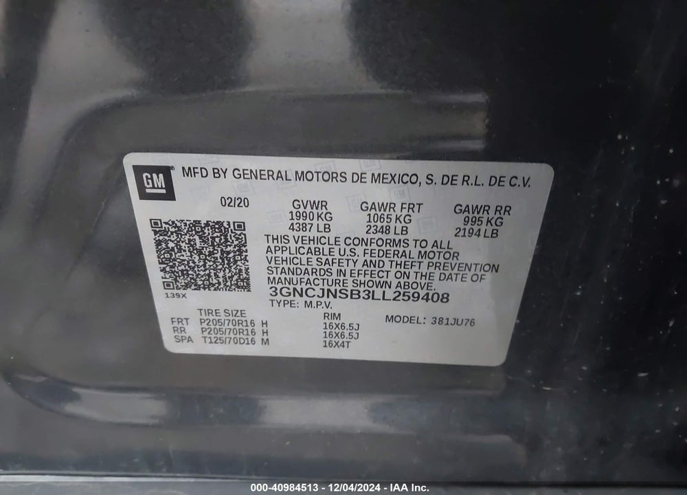 2020 CHEVROLET TRAX AWD LS VIN: 3GNCJNSB3LL259408