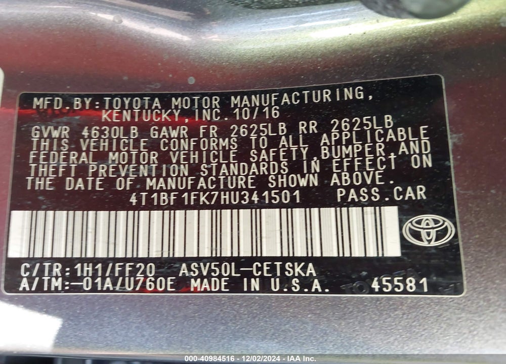 2017 TOYOTA CAMRY SE VIN: 4T1BF1FK7HU341501