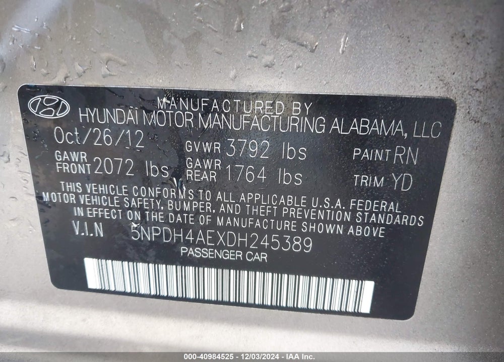 2013 HYUNDAI ELANTRA GLS VIN: 5NPDH4AEXDH245389