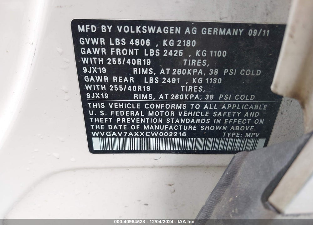 2012 VOLKSWAGEN TIGUAN SEL VIN: WVGAV7AXXCW002216