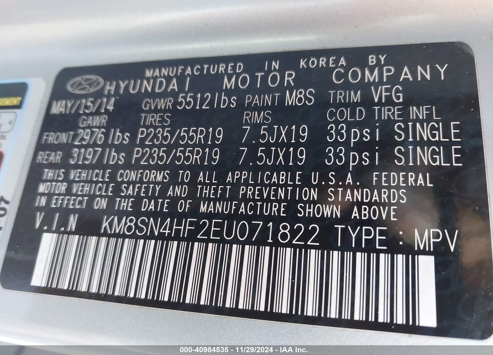 2014 HYUNDAI SANTA FE LIMITED VIN: KM8SN4HF2EU071822