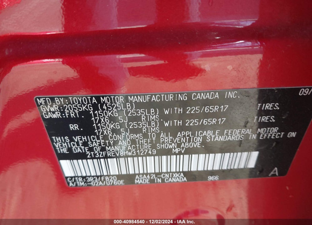 2017 TOYOTA RAV4 LE VIN: 2T3ZFREV8HW312749