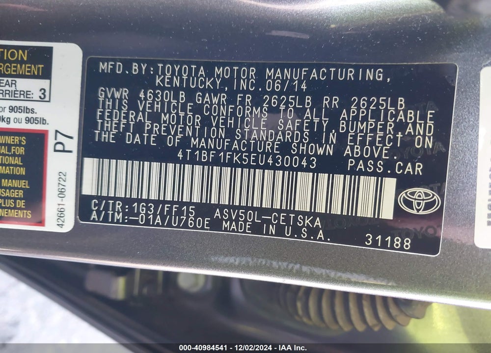 2014 TOYOTA CAMRY SE VIN: 4T1BF1FK5EU430043
