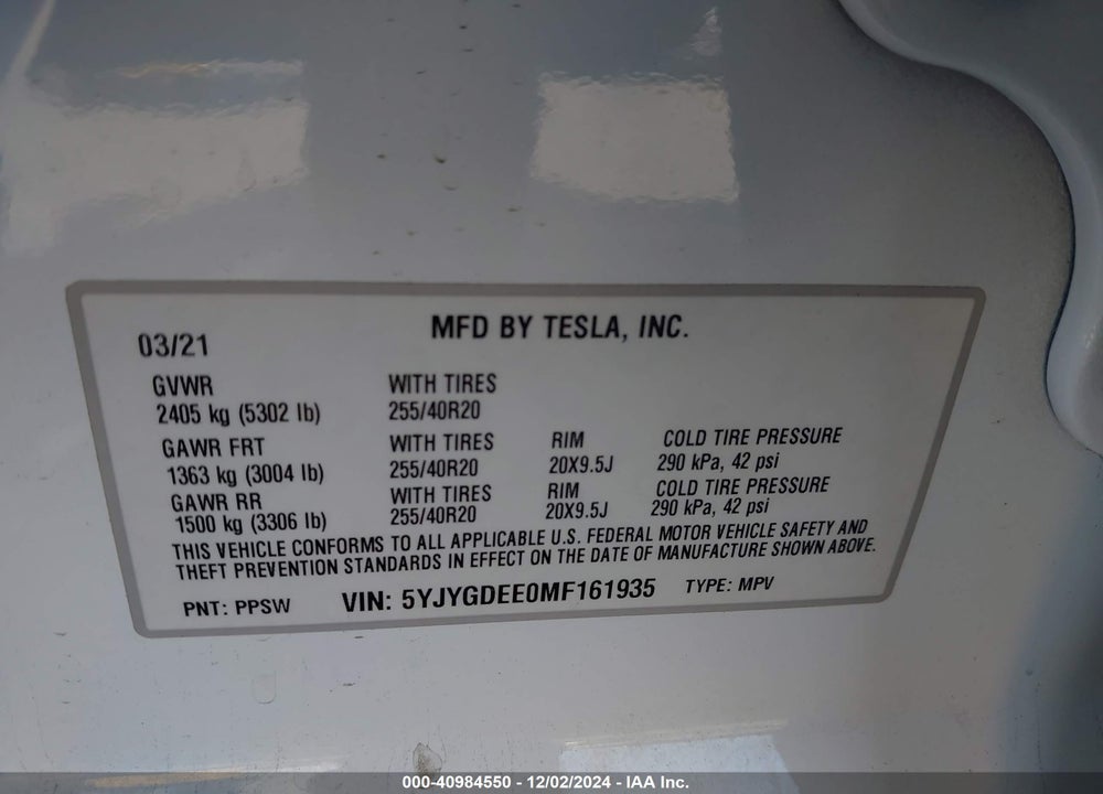 2021 TESLA MODEL Y LONG RANGE DUAL MOTOR ALL-WHEEL DRIVE VIN: 5YJYGDEE0MF161935