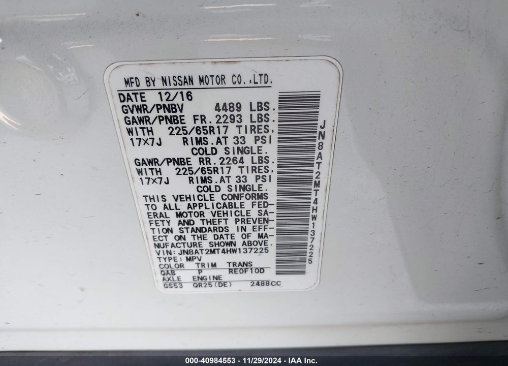 2017 NISSAN ROGUE SV VIN: JN8AT2MT4HW137225