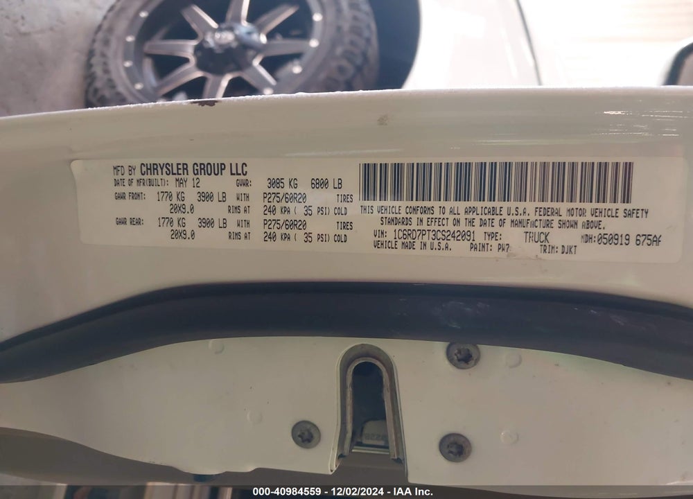 2012 RAM 1500 VIN: 1C6RD7PT3CS242091