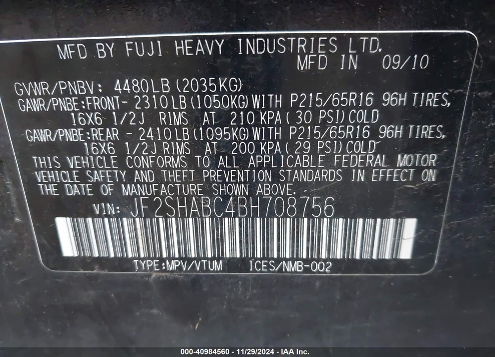 2011 SUBARU FORESTER 2.5X VIN: JF2SHABC4BH708756