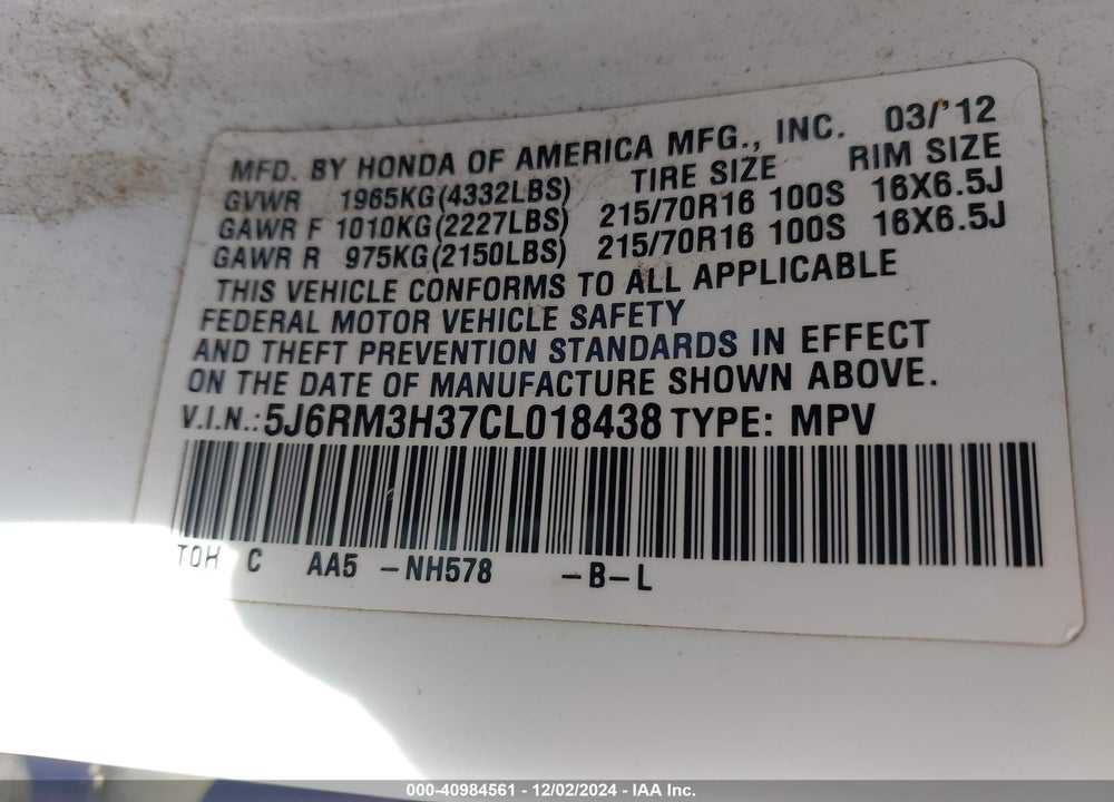2012 HONDA CR-V LX VIN: 5J6RM3H37CL018438