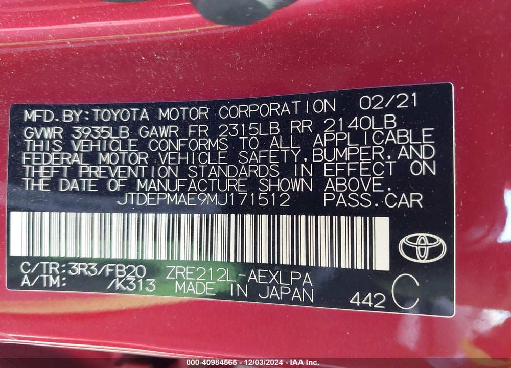 2021 TOYOTA COROLLA VIN: JTDEPMAE9MJ171512