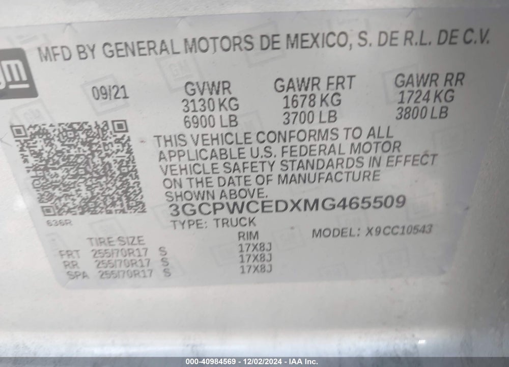 2021 CHEVROLET SILVERADO VIN: 3GCPWCEDXMG465509