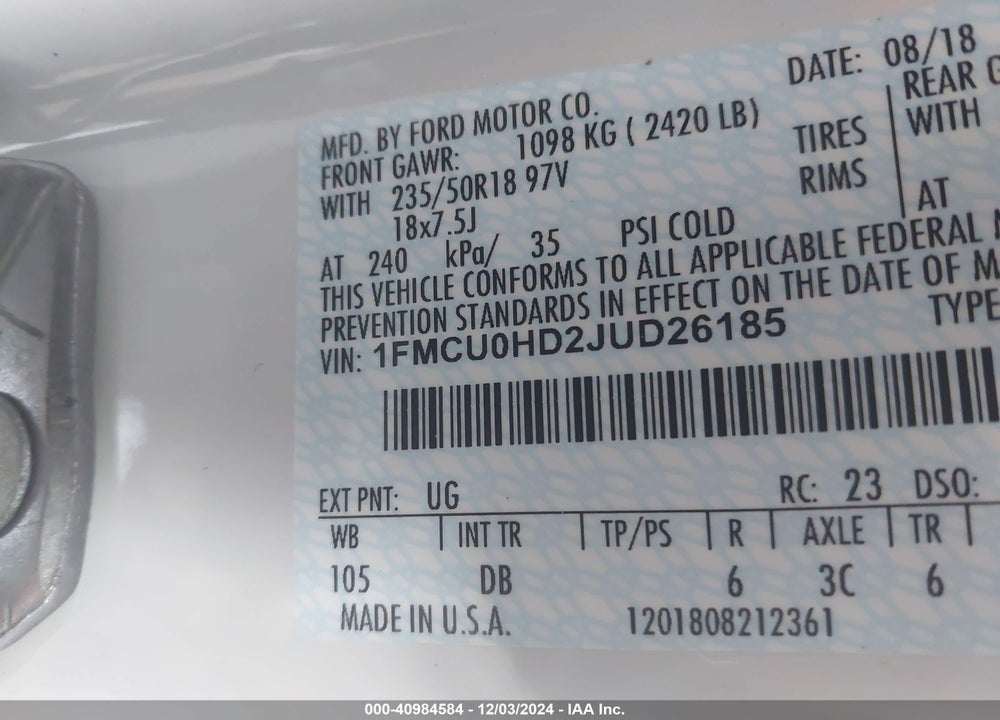 2018 FORD ESCAPE SEL VIN: 1FMCU0HD2JUD26185