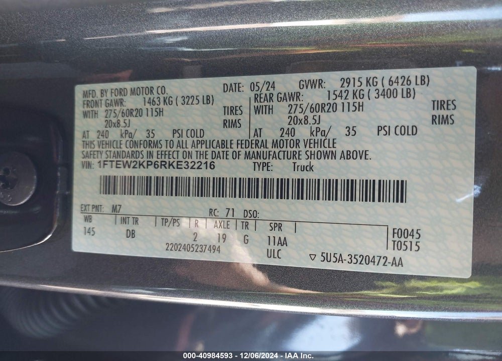 2024 FORD F-150 STX VIN: 1FTEW2KP6RKE32216