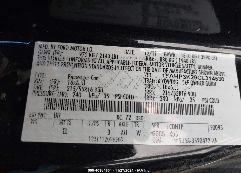 2012 FORD FOCUS SE VIN: 1FAHP3K29CL314530