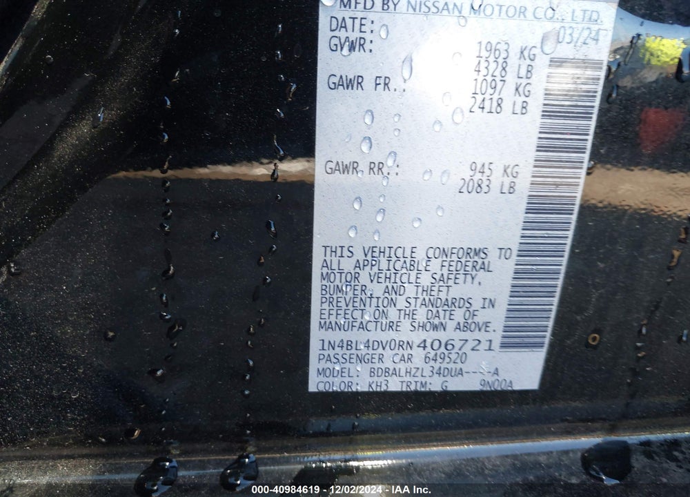 2024 NISSAN ALTIMA SV FWD VIN: 1N4BL4DV0RN406721