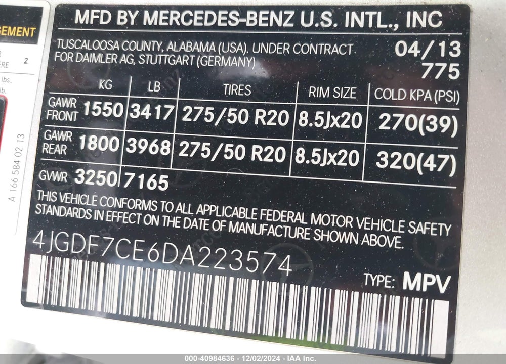 2013 MERCEDES-BENZ GL 450 4MATIC VIN: 4JGDF7CE6DA223574