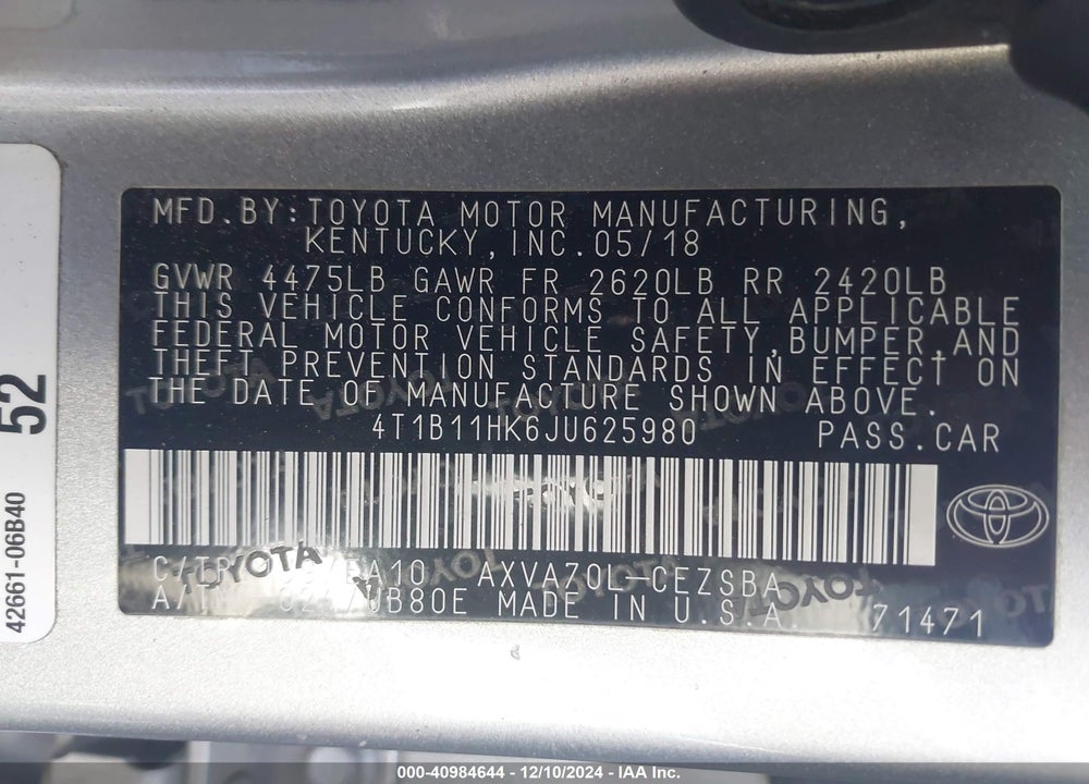 2018 TOYOTA CAMRY SE VIN: 4T1B11HK6JU625980