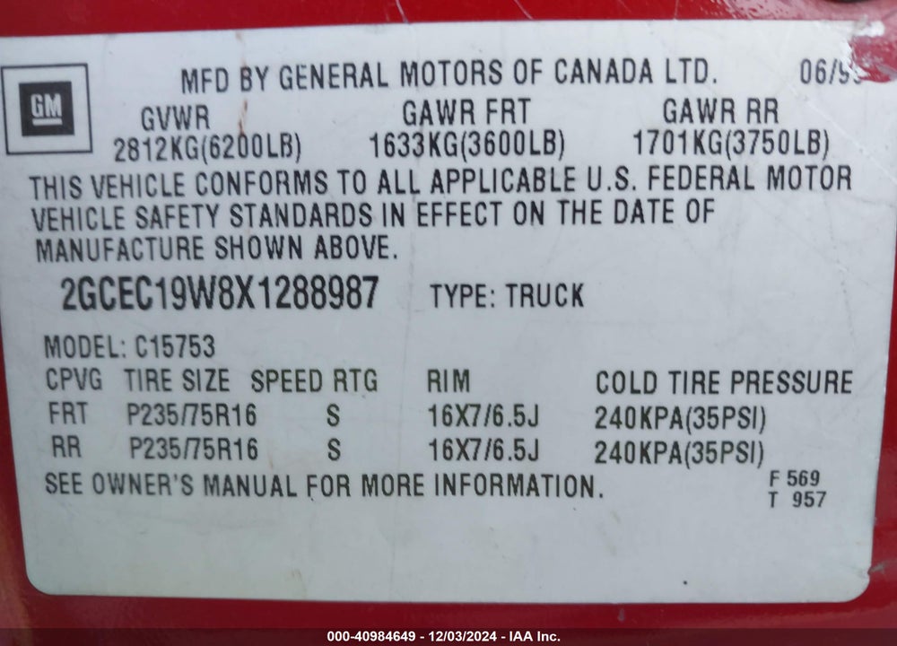 1999 CHEVROLET SILVERADO 1500 LS VIN: 2GCEC19W8X1288987
