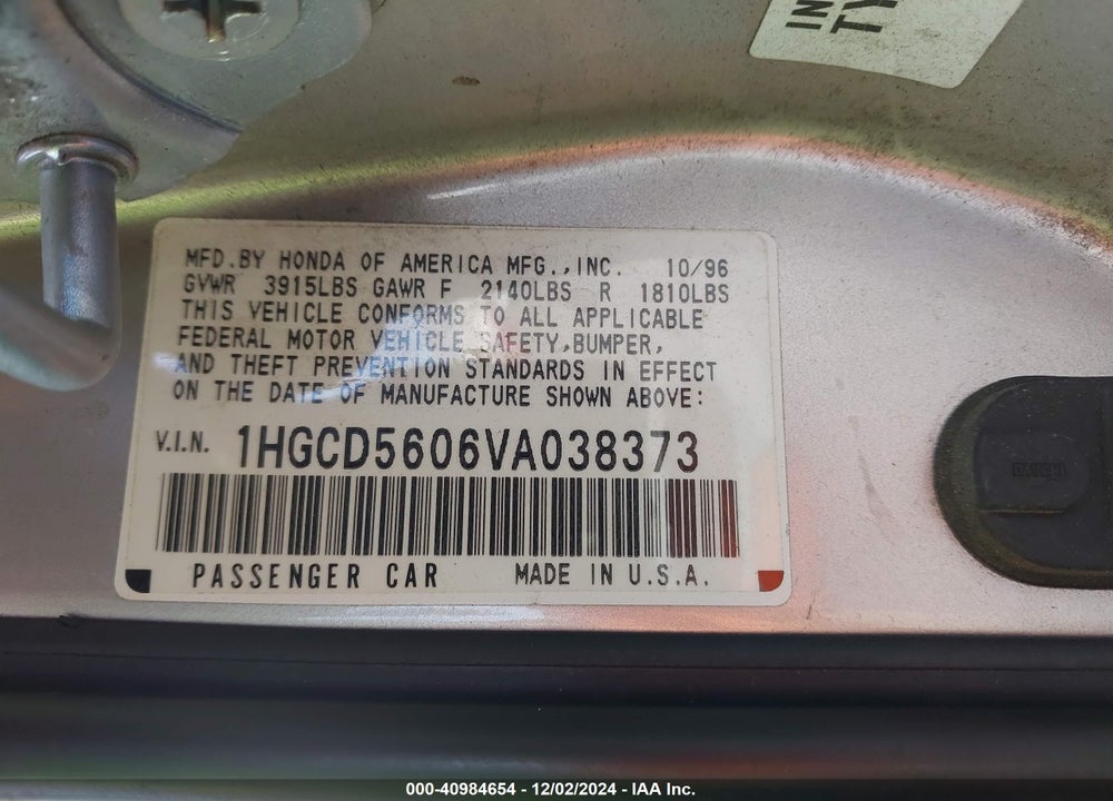 1997 HONDA ACCORD SE VIN: 1HGCD5606VA038373