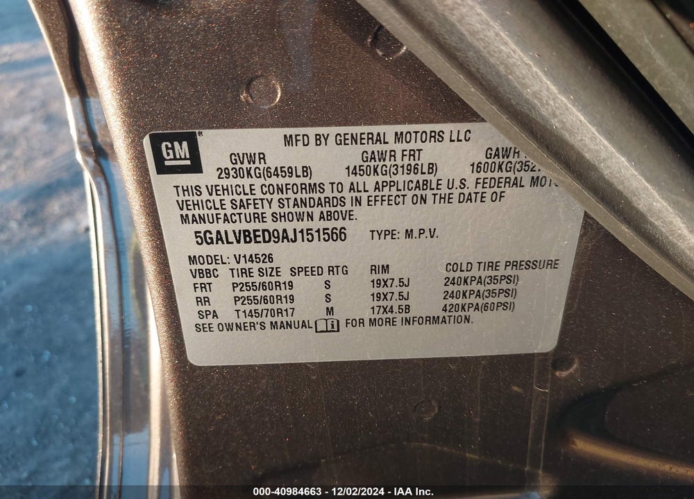 2010 BUICK ENCLAVE 1XL VIN: 5GALVBED9AJ151566