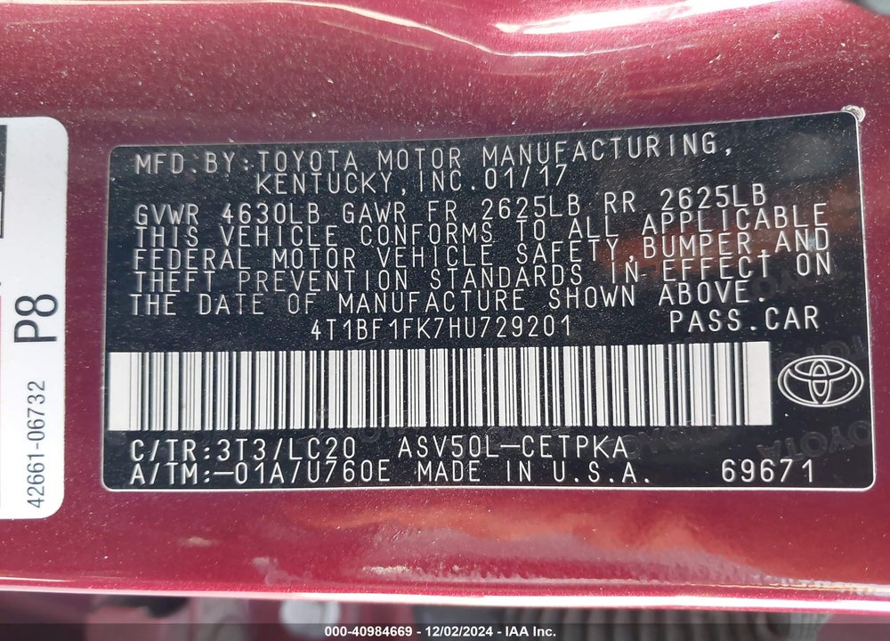2017 TOYOTA CAMRY XSE VIN: 4T1BF1FK7HU729201
