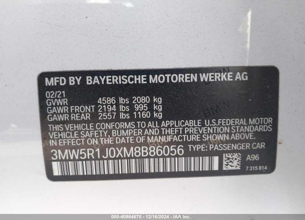 2021 BMW 330I VIN: 3MW5R1J0XM8B86056