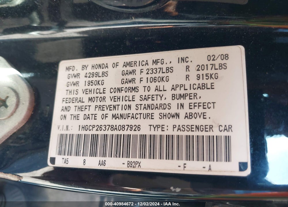 2008 HONDA ACCORD 2.4 LX VIN: 1HGCP26378A087926