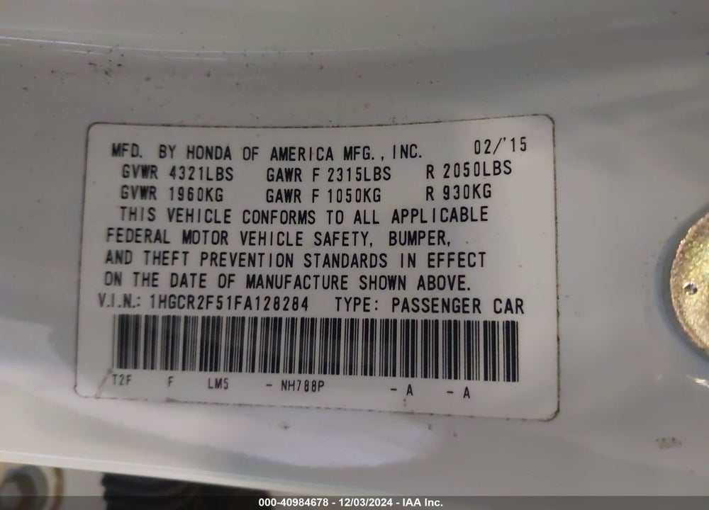 2015 HONDA ACCORD SPORT VIN: 1HGCR2F51FA128284