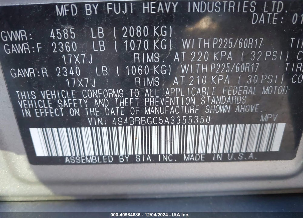2010 SUBARU OUTBACK 2.5I PREMIUM VIN: 4S4BRBGC5A3355350