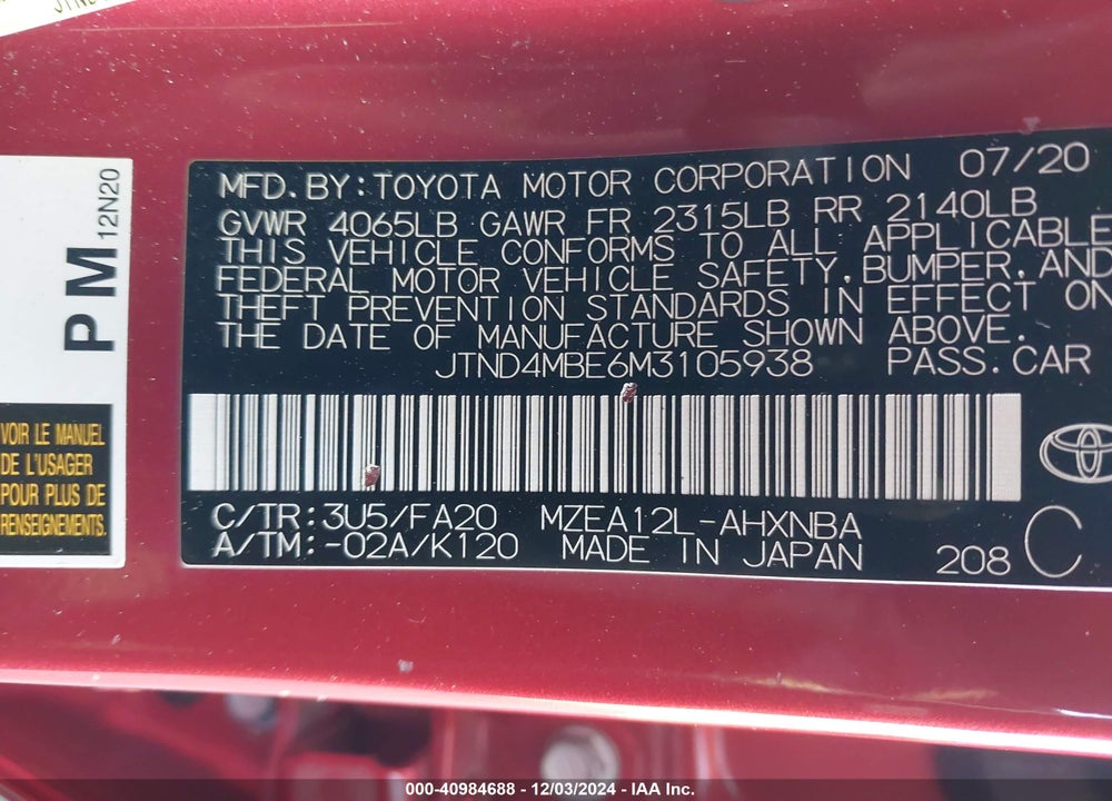 2021 TOYOTA COROLLA VIN: JTND4MBE6M3105938