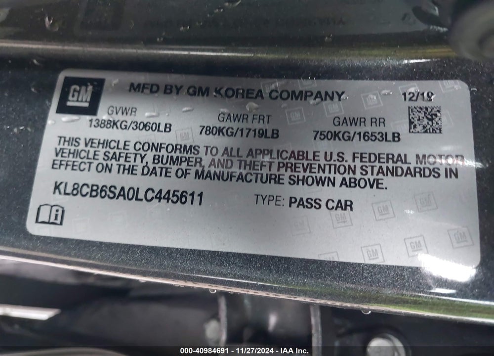 2020 CHEVROLET SPARK VIN: KL8CB6SA0LC445611