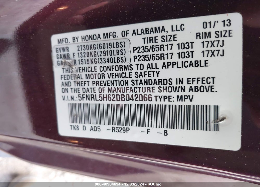 2013 HONDA ODYSSEY EX-L VIN: 5FNRL5H62DB042066