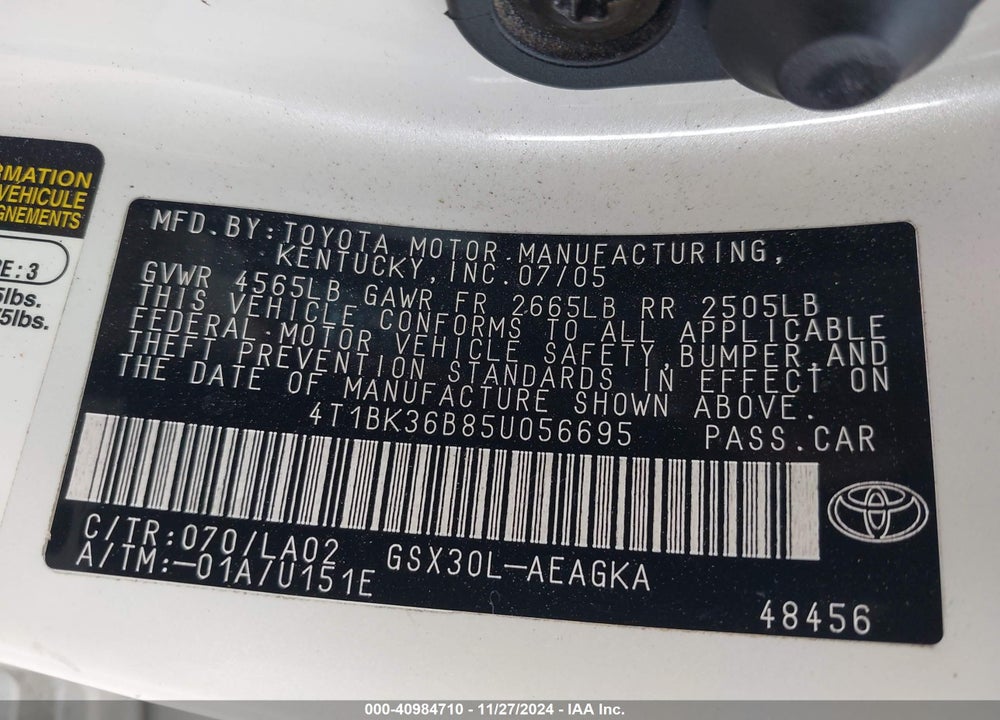 2005 TOYOTA AVALON XLS VIN: 4T1BK36B85U056695