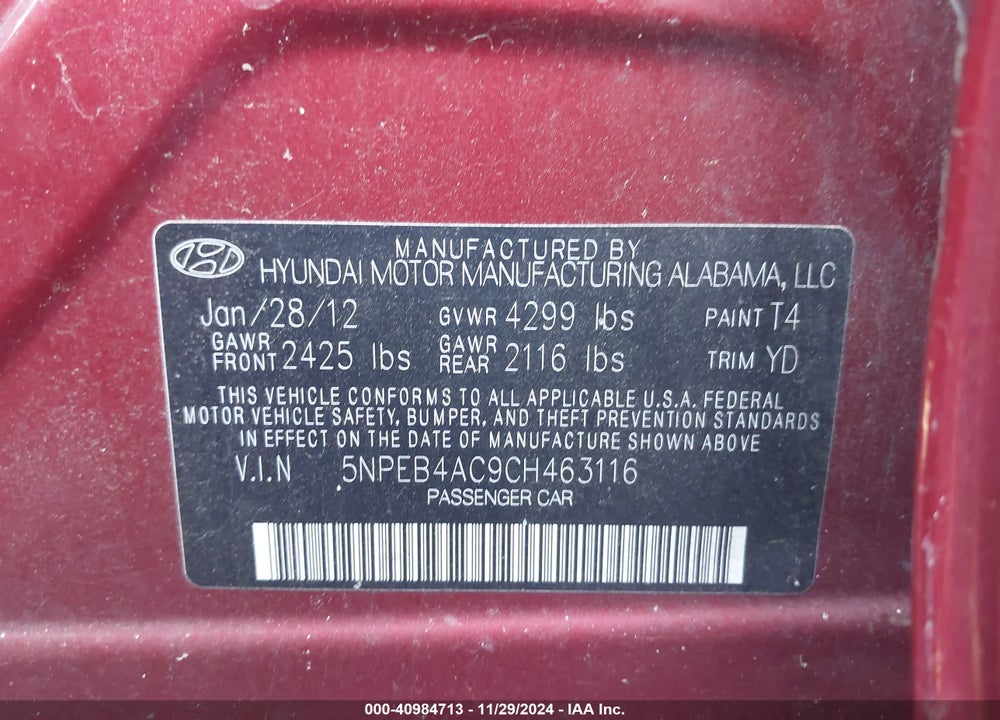 2012 HYUNDAI SONATA VIN: 5NPEB4AC9CH463116