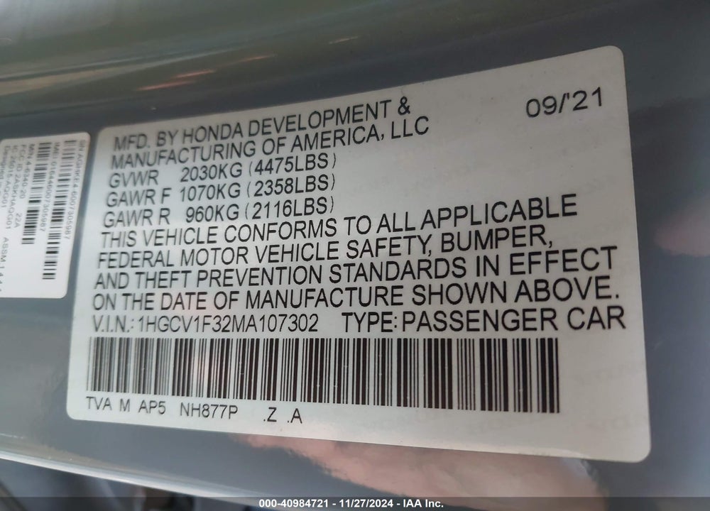 2021 HONDA ACCORD VIN: 1HGCV1F32MA107302