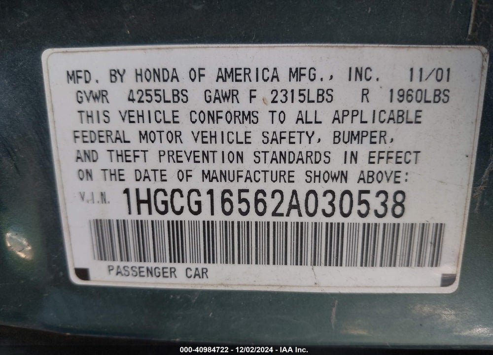 2002 HONDA ACCORD 3.0 EX VIN: 1HGCG16562A030538