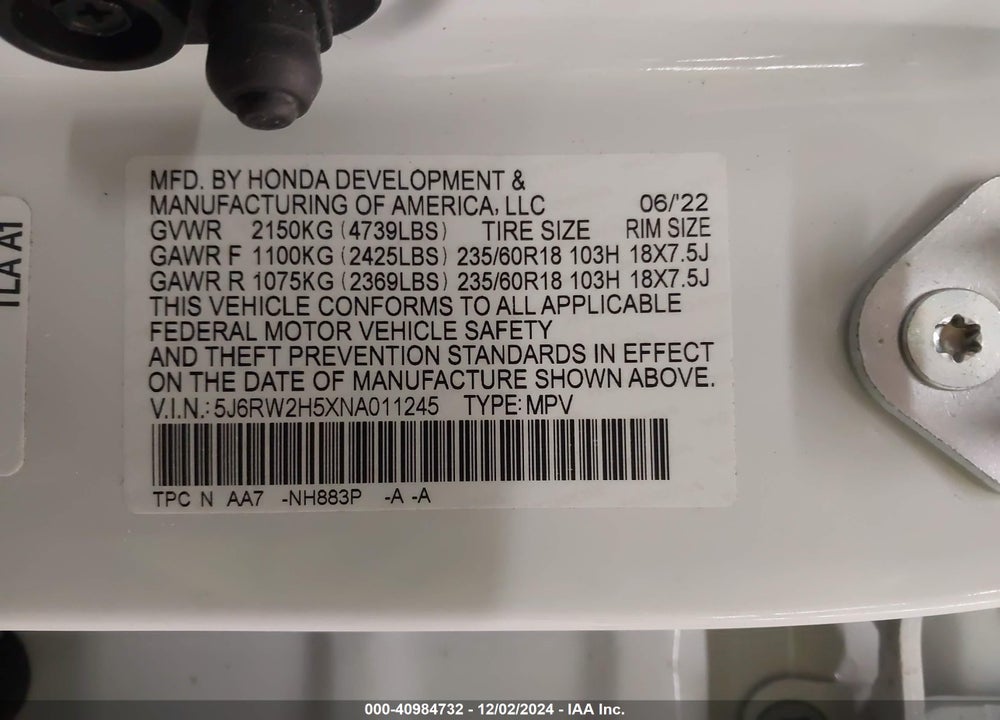 2022 HONDA CR-V AWD EX VIN: 5J6RW2H5XNA011245