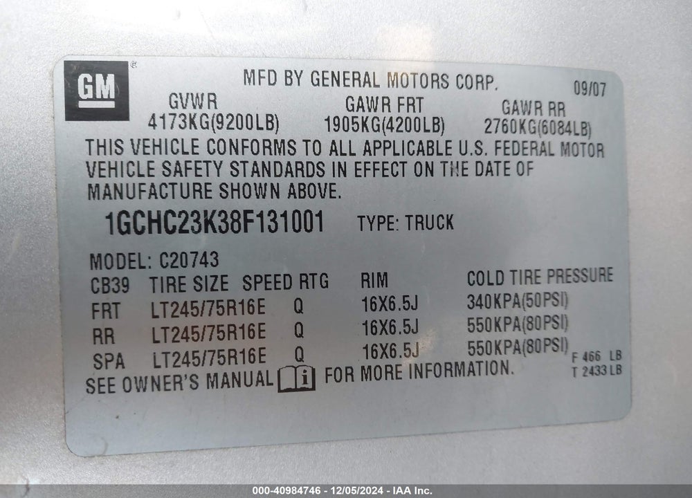 2008 CHEVROLET SILVERADO 2500HD WORK TRUCK VIN: 1GCHC23K38F131001