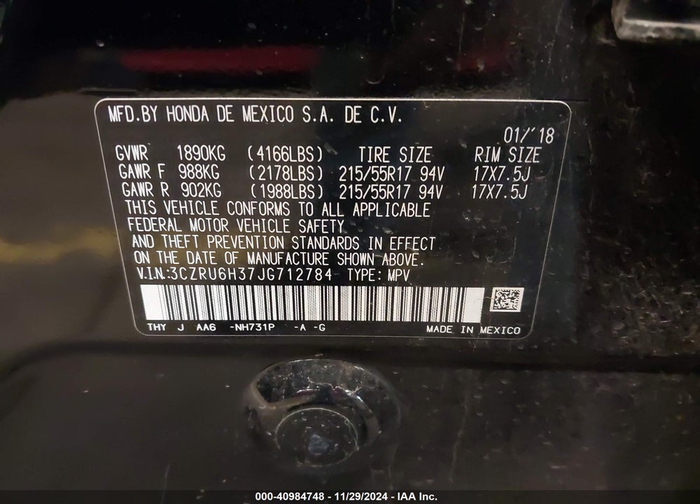 2018 HONDA HR-V LX VIN: 3CZRU6H37JG712784