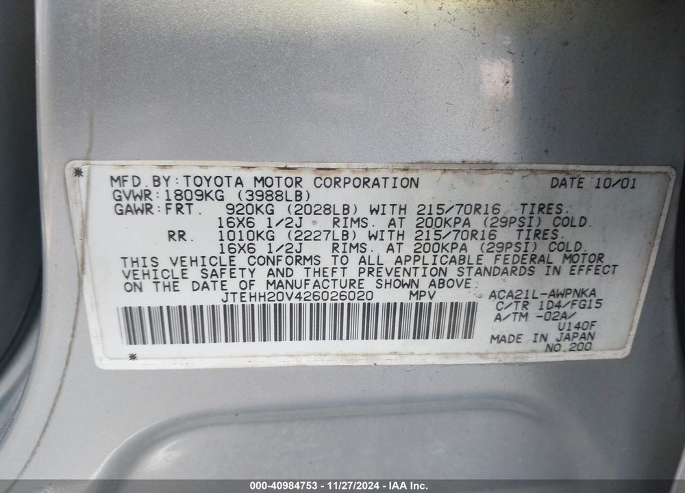 2002 TOYOTA RAV4 VIN: JTEHH20V426026020