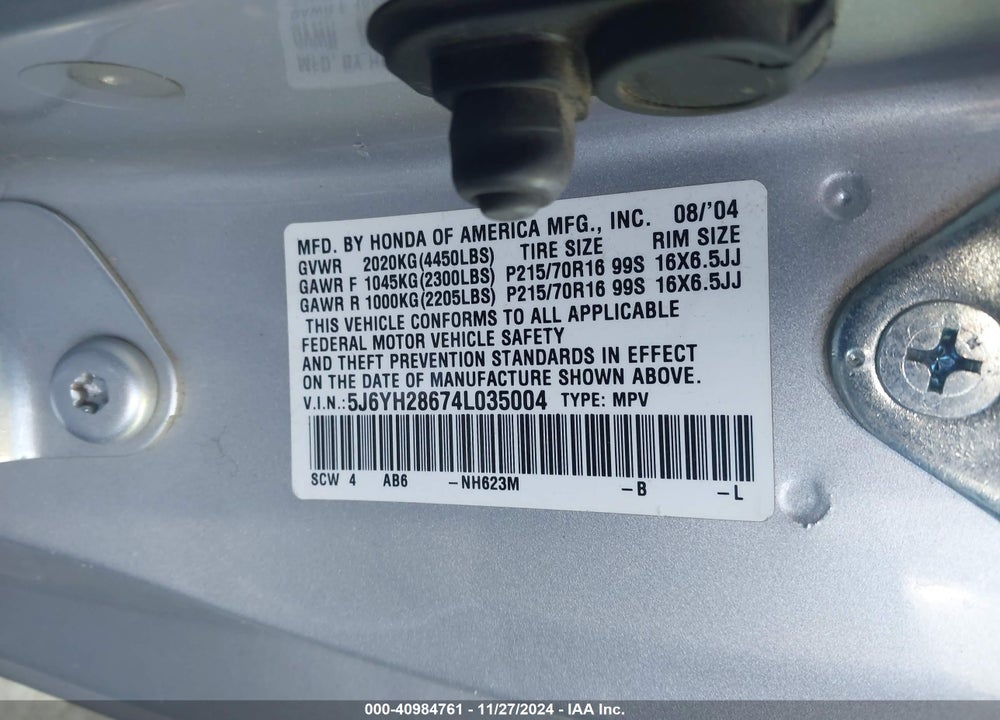 2004 HONDA ELEMENT EX VIN: 5J6YH28674L035004