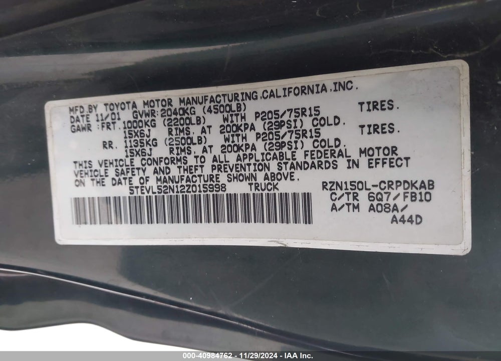 2002 TOYOTA TACOMA VIN: 5TEVL52N12Z015998