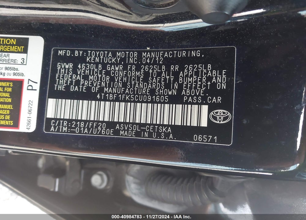 2012 TOYOTA CAMRY SE VIN: 4T1BF1FK5CU091605