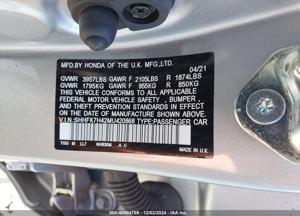 2021 HONDA CIVIC VIN: SHHFK7H42MU420868