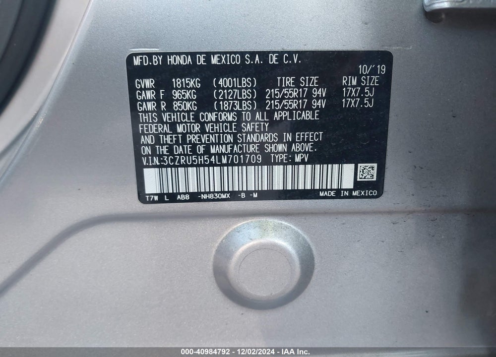 2020 HONDA HR-V 2WD EX VIN: 3CZRU5H54LM701709