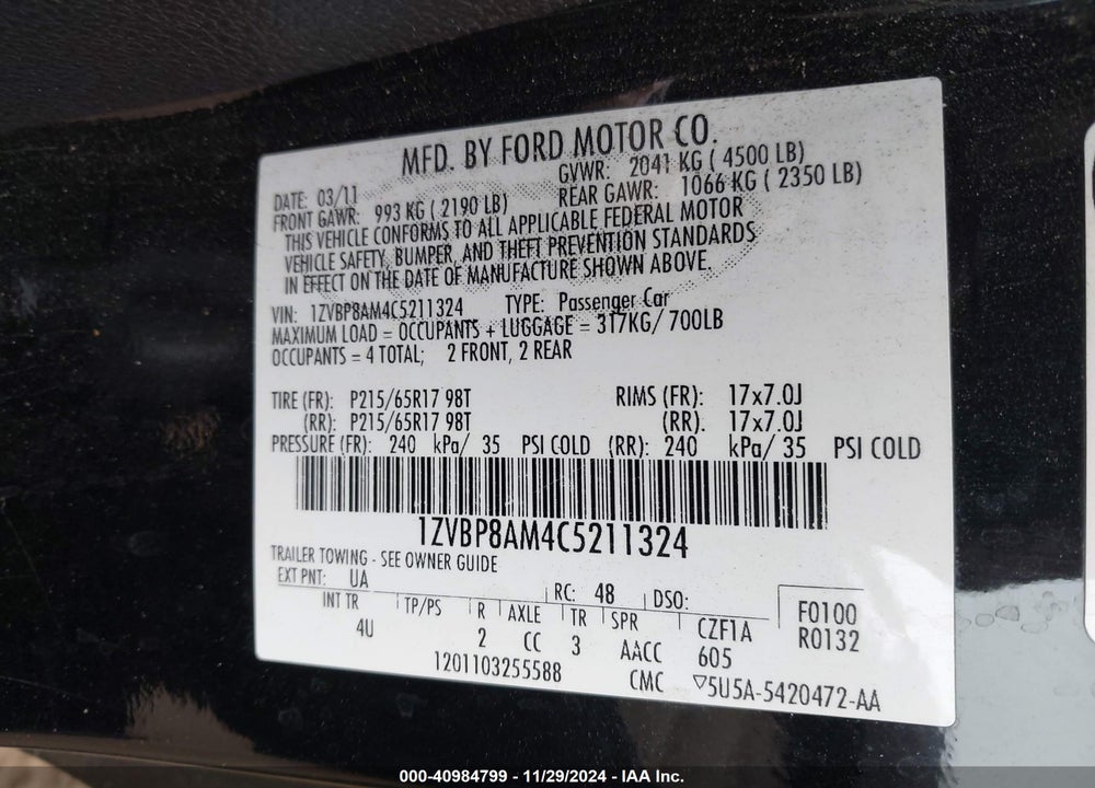 2012 FORD MUSTANG V6 PREMIUM VIN: 1ZVBP8AM4C5211324