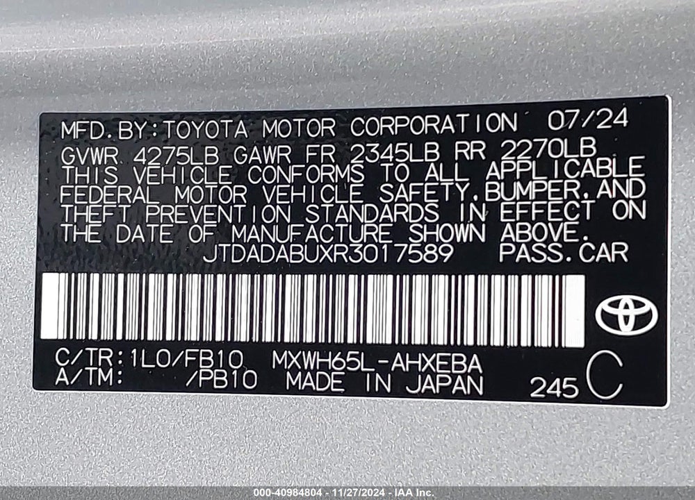 2024 TOYOTA PRIUS LE AWD-E VIN: JTDADABUXR3017589