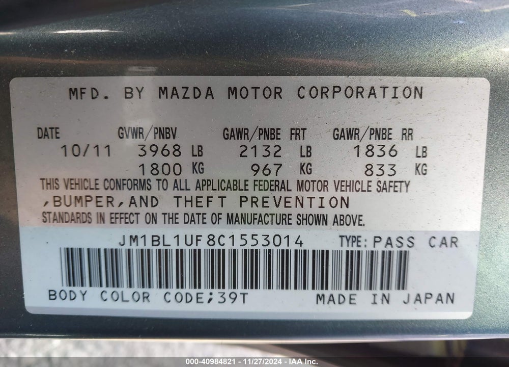 2012 MAZDA 3 I SPORT VIN: JM1BL1UF8C1553014