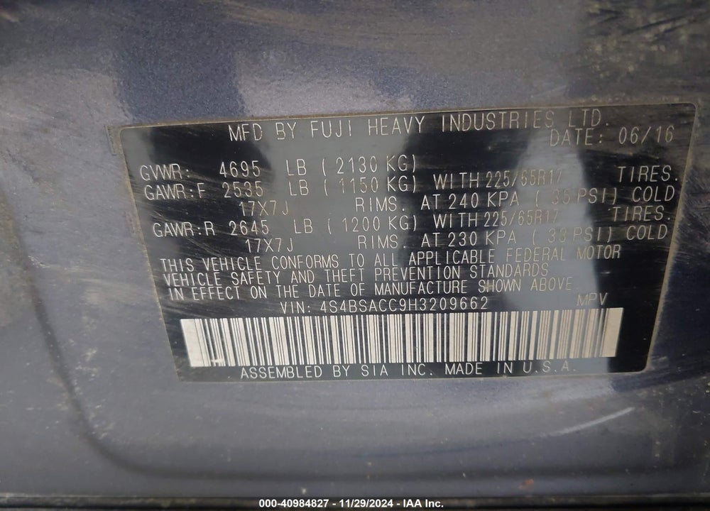 2017 SUBARU OUTBACK 2.5I PREMIUM VIN: 4S4BSACC9H3209662