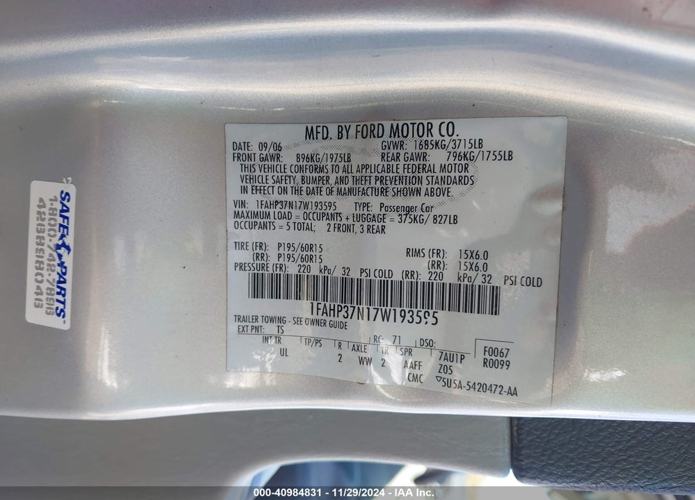 2007 FORD FOCUS S/SE/SES VIN: 1FAHP37N17W193595